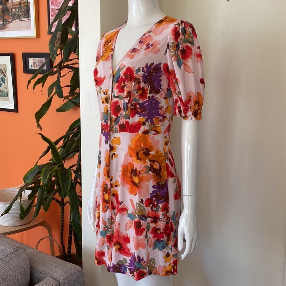 H&M Light Pink Floral Puff Sleeve Fit & Flare Mini Dress Size Small - Picture 6 of 13